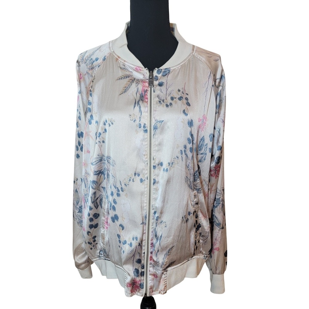 Lucky Brand Satin Bomber Reversible‎ Full Zip Floral Jacket Sz XL Romantic Edgy